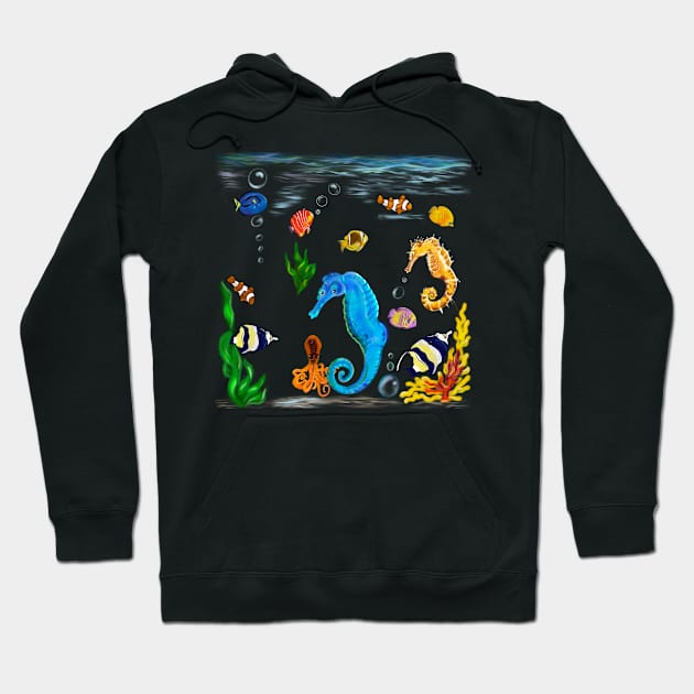 Best fishing gifts for fish lovers 2022. Seahorse and friends Coral reef fish rainbow coloured / colored fish swimming under the sea Hoodie by Artonmytee